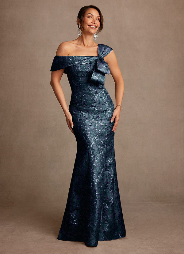 Azazie Zephyra Mother of the Brides Dresses Dark Navy Mermaid Off the Shoulder Jacquard Dress image1