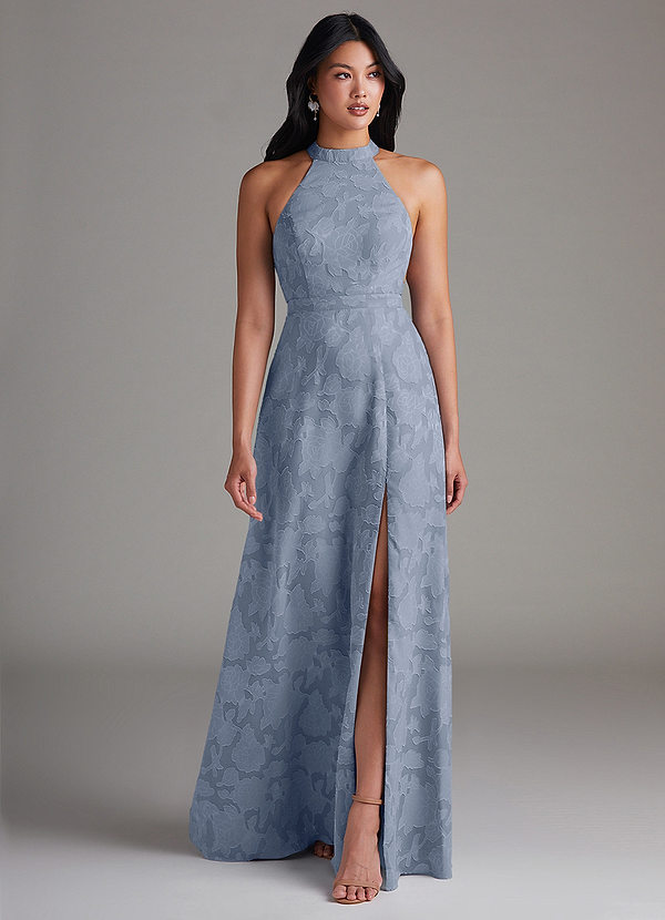 Azazie Clarice Bridesmaid Dresses Dusty Blue A-Line Side Slit Floral Burnout Dress image1