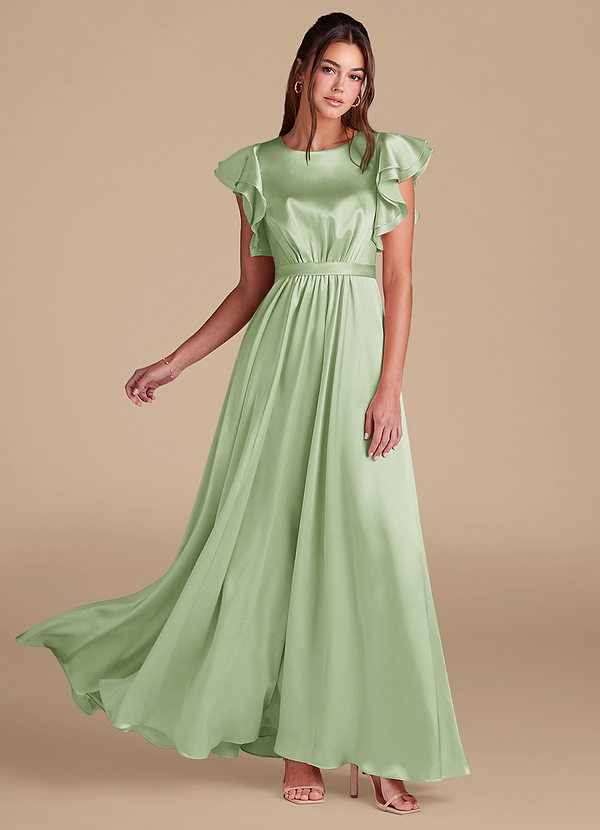 Azazie Daphne Modest Bridesmaid Dresses A-Line Ruched Metallic Satin Floor-Length Dress image1