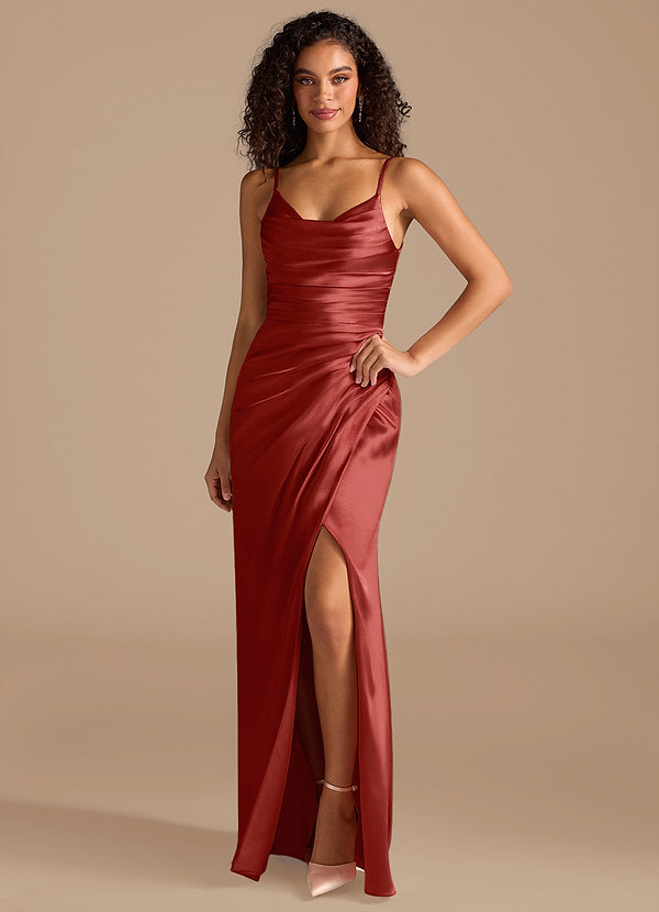 Azazie Deandra Bridesmaid Dresses Rust Mermaid Pleated Metallic Satin Dress image1