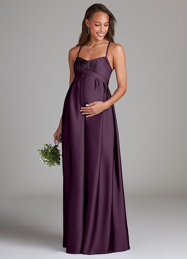 Azazie Llana Maternity Bridesmaid Dresses A-Line Stretch Satin Floor-Length Dress with Pockets image1
