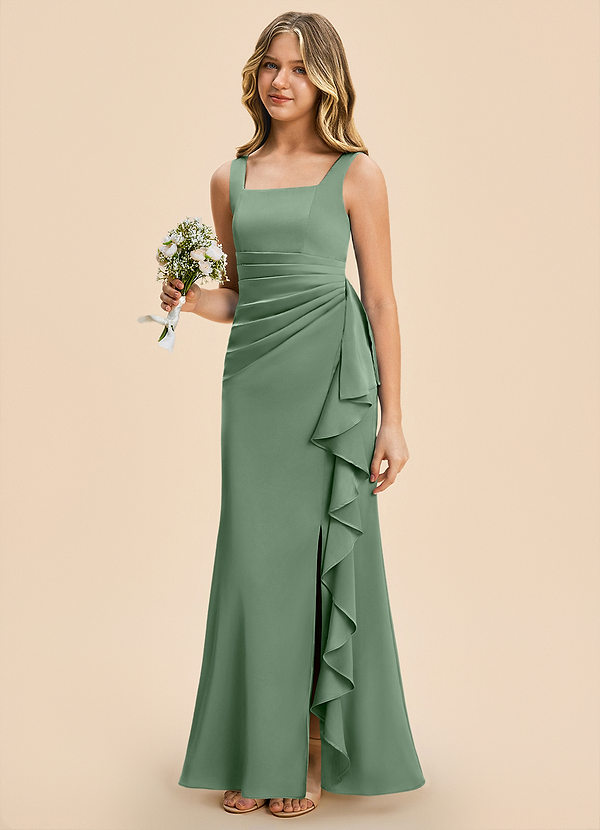 Azazie Adrienne Junior Matcha Sheath Pleated Stretch Satin Dress image1