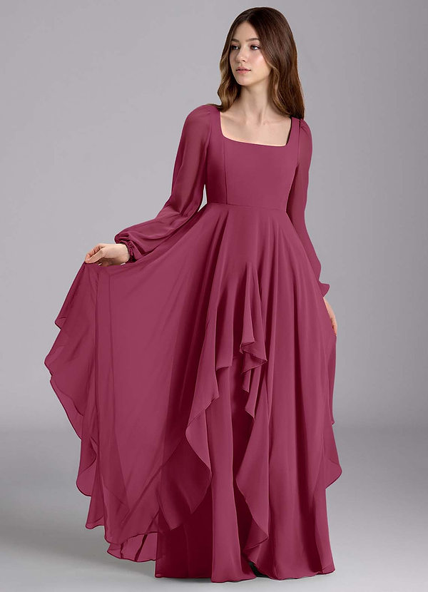 Azazie Clara Junior Vestido de Mora de Gasa de Corte en A con Blusón image1