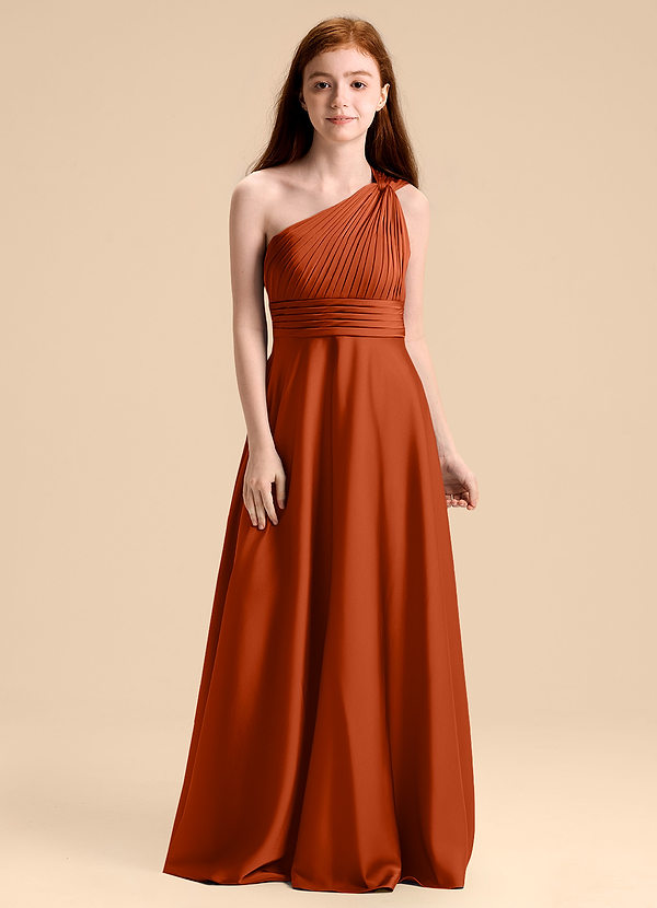 Azazie Charlize Junior Robe Trapèze en Satin extensible Plissée Paprika image1