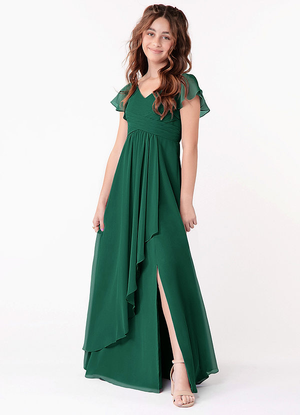Azazie Omari Junior Emerald A-Line Ruched Chiffon Dress image1
