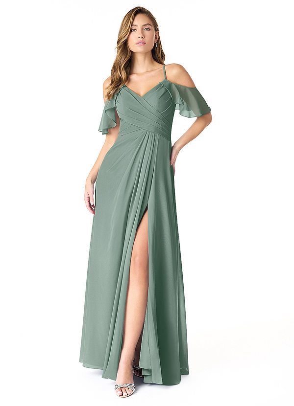 Azazie Dakota Bridesmaid Dresses Silver Sage A-Line V-Neck Pleated Chiffon Dress image1
