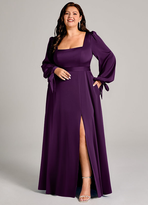 Azazie Leonia Bridesmaid Dresses Grape A-Line Long Sleeve Stretch Satin Dress image1