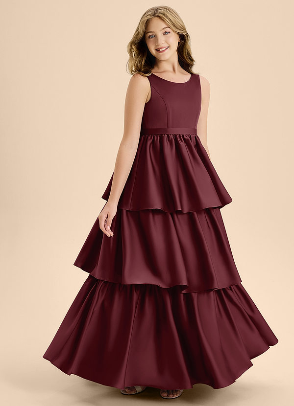 Azazie Meadowyn Junior Vestido de Cabernet de Satén Elástico de Corte En A con Lazo image1