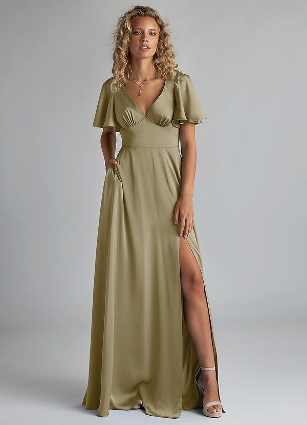 Azazie Kimber Bridesmaid Dresses Moss Green A-Line Ruched Stretch Satin Dress image1