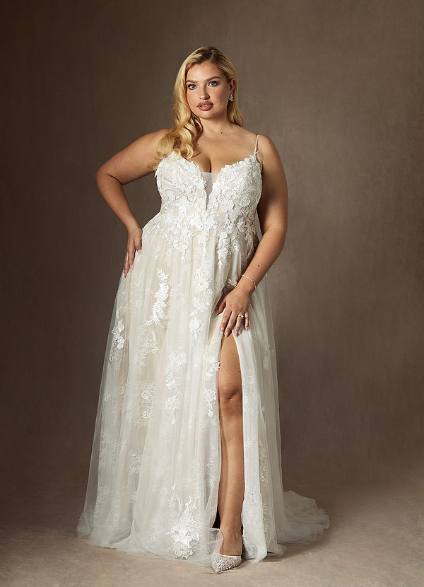 Azazie Monda Wedding Dresses Diamond White Champagne A-Line Lace Tulle Dress image1