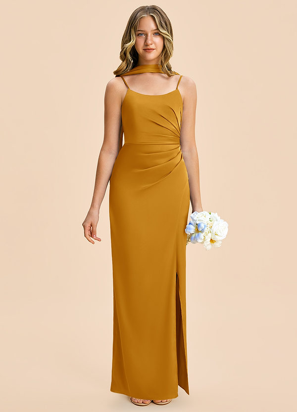 Azazie Calandra Junior Butterscotch Sheath Pleated Stretch Satin Dress image1