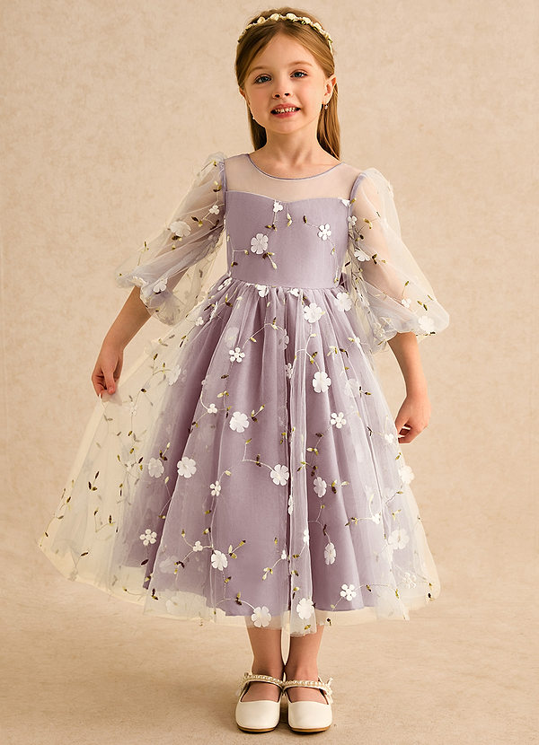 Azazie Elowen Robes de Fillette d'Honneur Robe Trapèze en Dentelle Encolure en Forme de Cœur Rose Poussiéreuse image1