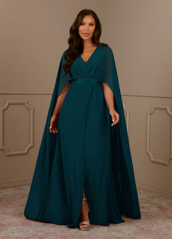 Azazie Isa Mother of the Brides Dresses Pine A-Line V-Neck Pleated Chiffon Dress image1