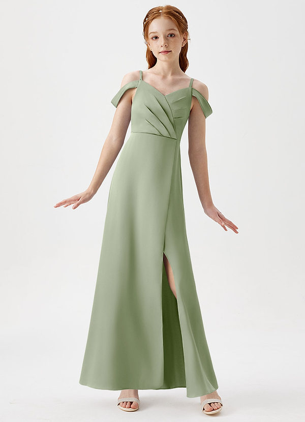 Azazie Ocean Junior Dusty Sage A-Line Off the Shoulder Stretch Satin Dress image1