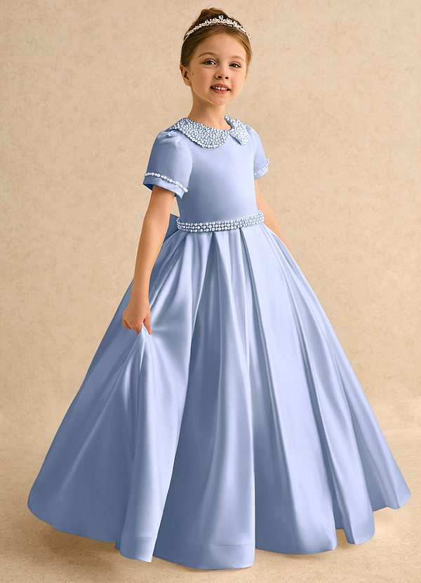 Azazie Gabriella Flower Girl Dresses Ice Ball-Gown with Sleeves Matte Satin Dress image1