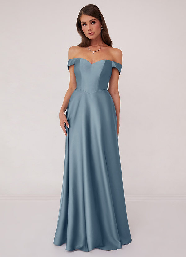 Barbie ♥ Azazie Bridesmaid Dresses Dusty Blue A-Line Off the Shoulder Stretch Satin Convertible Dress image1
