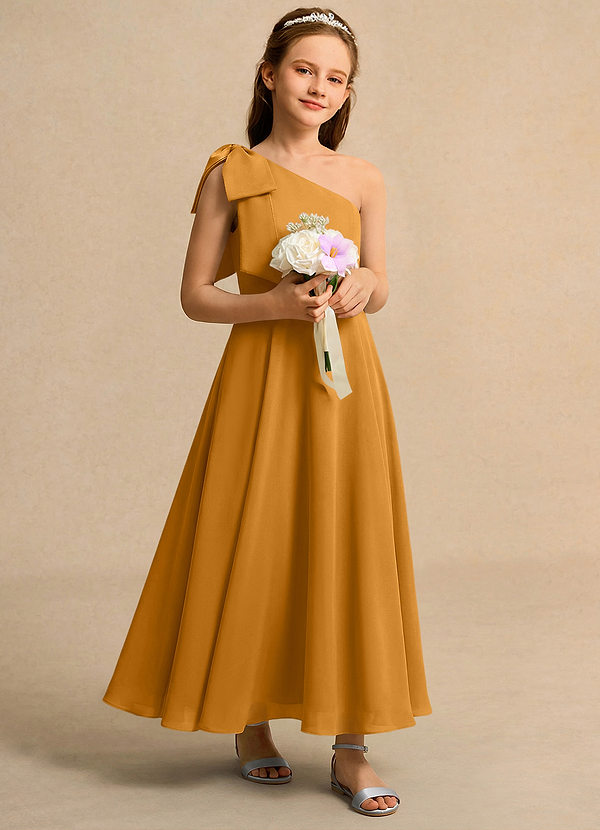 Azazie Guppy Girls Formal Flower Girl Dresses Butterscotch A-Line One Shoulder Chiffon Dress image1