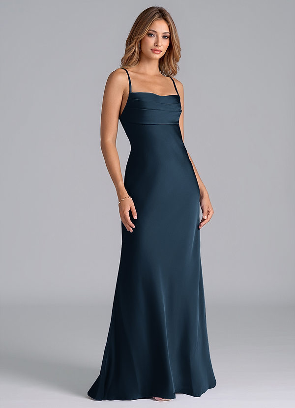 Azazie Seema Bridesmaid Dresses Dark Navy Mermaid Corset Stretch Satin Dress image1