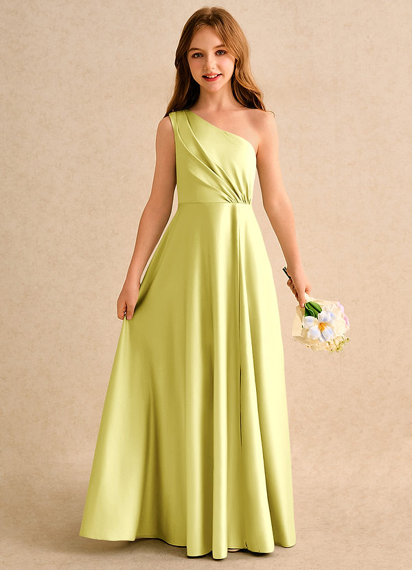 Azazie Puddles Girls Formal Flower Girl Dresses Vestido Sorvete De Limão de Cetim fosco de Linha A com Um ombro image1