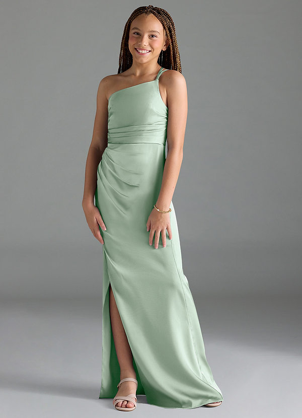 Azazie Eren Junior Agave Sheath Pleated Stretch Satin Dress image1