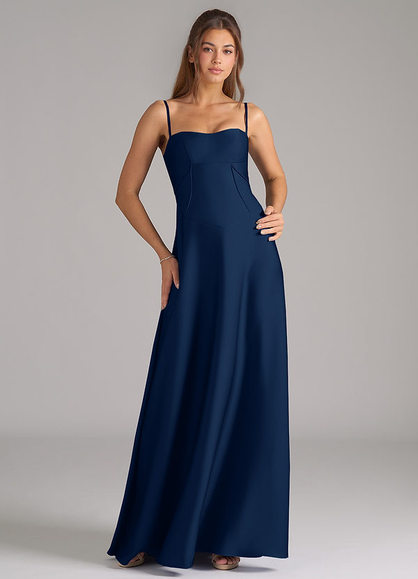 Azazie Valentine Bridesmaid Dresses Dark Navy A-Line Corset Stretch Satin Dress image1