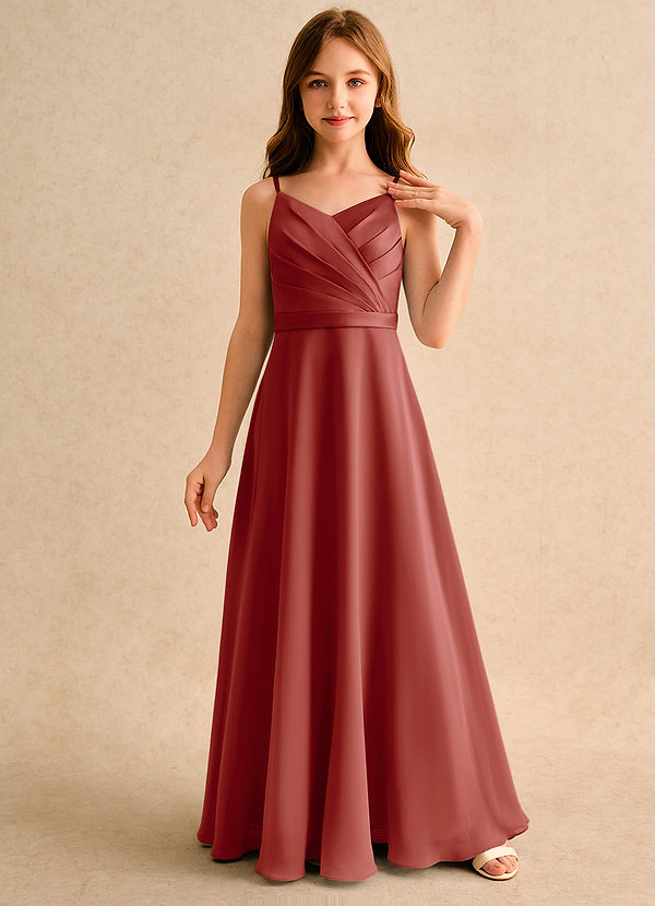 Azazie Umina Girls Formal Bloemenmeisjes Jurken A-Lijn Jurk van Mat Satijn Geplooid Terracotta image1