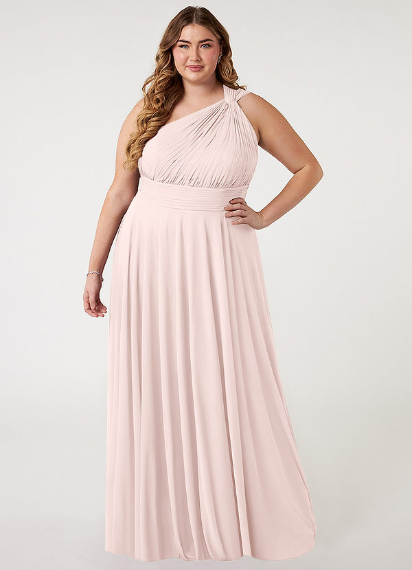 Azazie Charlize Bridesmaid Dresses Blushing Pink A-Line One Shoulder Mesh Dress image1