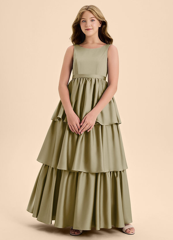 Azazie Meadowyn Junior Abito A-Line in Raso Elasticizzato Fiocco Verde Muschio image1