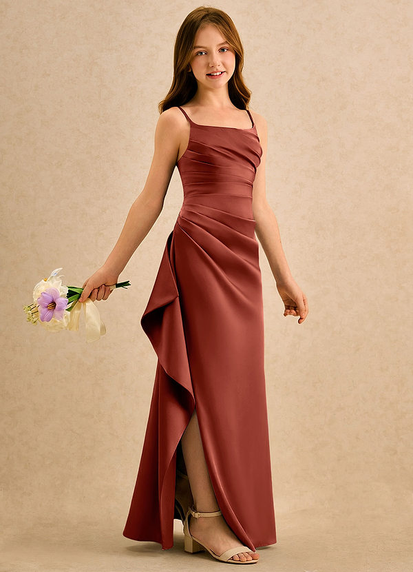 Azazie Cannoli Girls Formal Abiti da Ragazza di Fiori Abito A-Line in Raso Elasticizzato Plissettato Terracotta image1