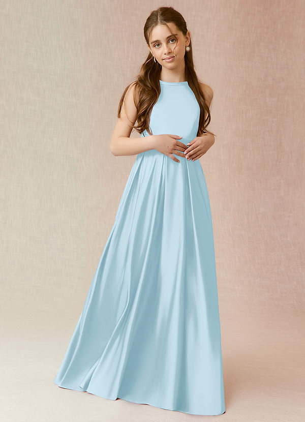 Azazie Arianthe Junior Sky Blue A-Line with Pockets Stretch Satin Dress image1