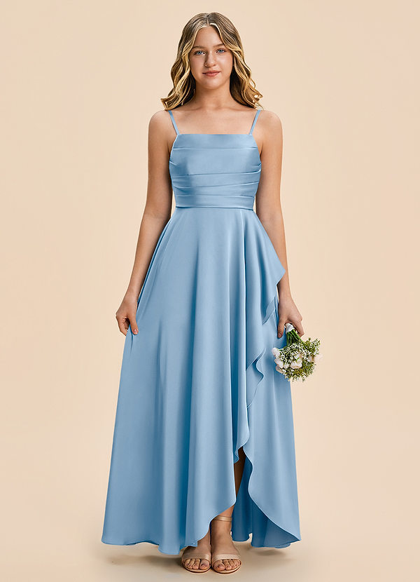 Azazie Naveah Junior Powder Blue A-Line Ruched Stretch Satin Dress image1