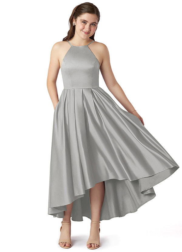 Azazie Jemima Junior Silver A-Line with Pockets Stretch Satin Dress image1
