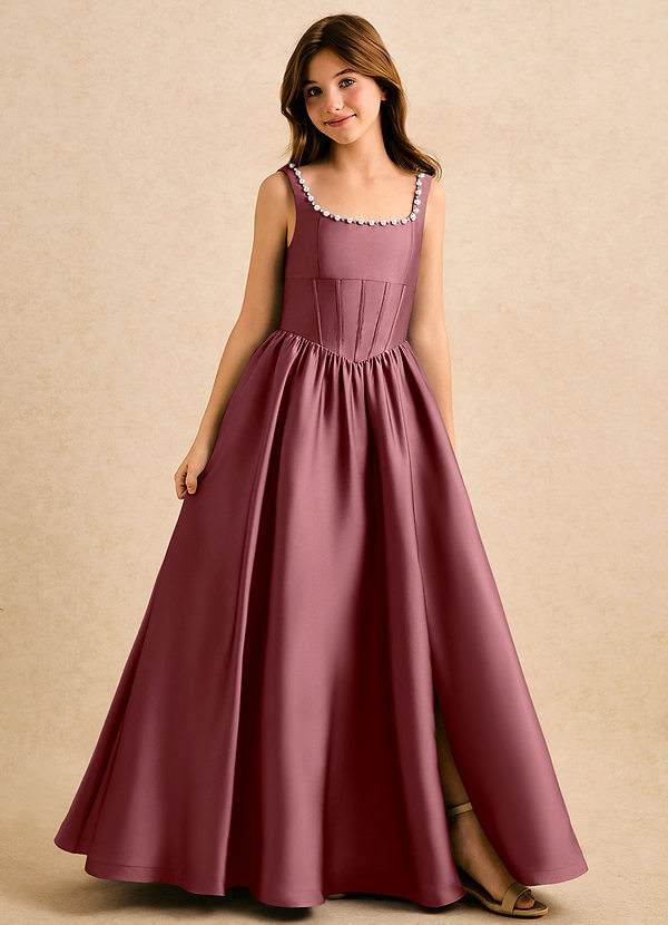 Azazie Enid Girls Formal Sukienki dla dziewczynek sypiących kwiaty Linia A Zroszony Satyna elastyczna Długość podłogi Sukienka image1