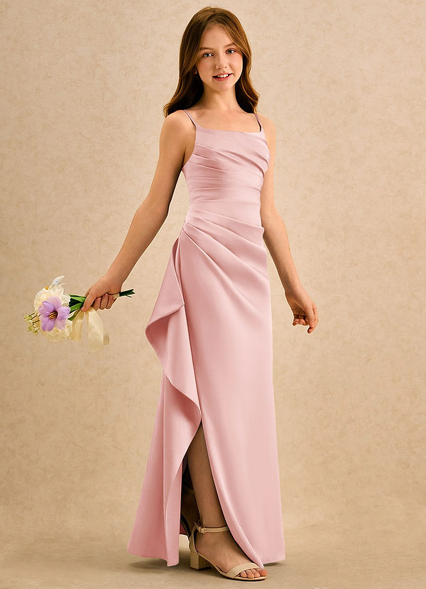 Azazie Cannoli Girls Formal Flower Girl Dresses Powder Pink A-Line Pleated Stretch Satin Dress image1