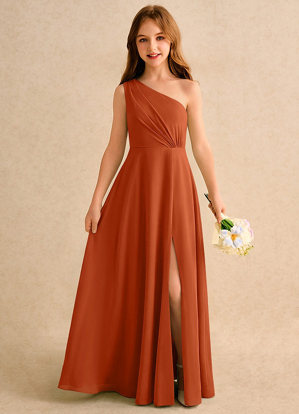 Azazie Puddles Girls Formal Robes de Fillette d'Honneur Robe Trapèze en Mousseline de soie Une épaule Orange Brûlée image1