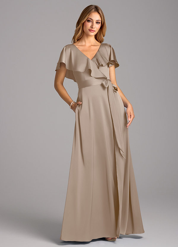 Azazie Lainey Bridesmaid Dresses Taupe A-Line with Pockets Stretch Satin Dress image1