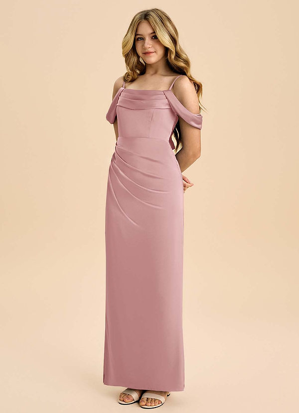 Azazie Saige Junior Robe Fourreau en Satin extensible Épaule décolletée Rose Poussiéreuse image1