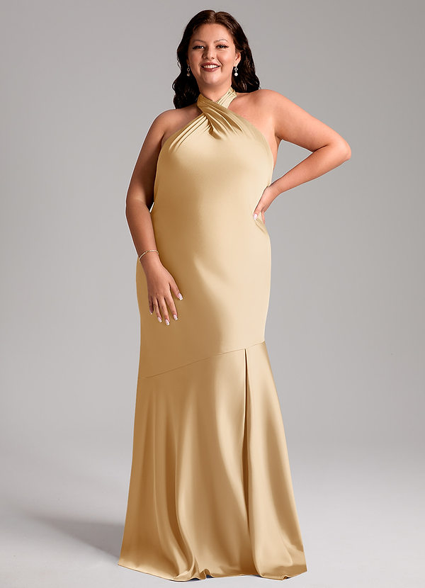 Azazie Lorena Robes Demoiselle d'honneur Robe Sirène en Satin extensible Plissée Or image1