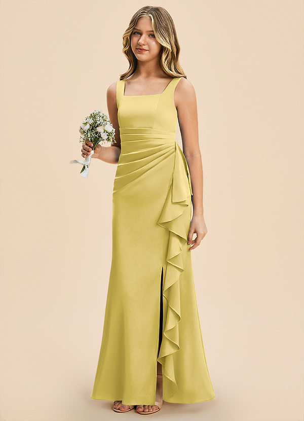 Azazie Adrienne Junior Canary Sheath Pleated Stretch Satin Dress image1