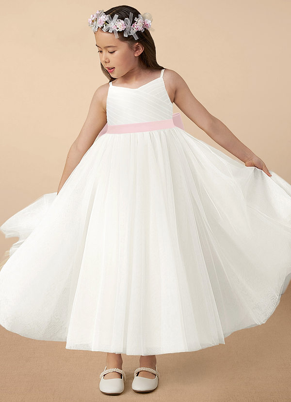 Azazie Lea Flower Girl Dresses Blushing Pink A-Line Spaghetti Strap Tulle Dress image1