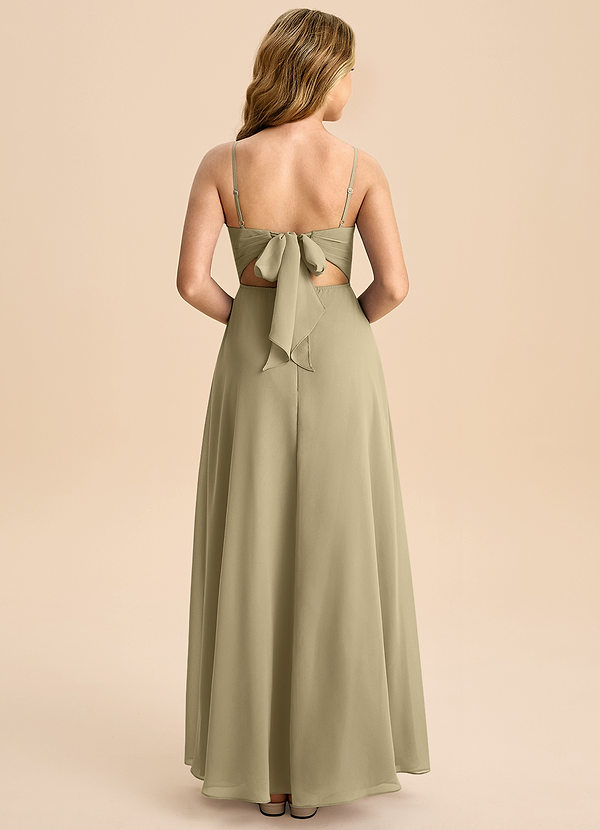 Azazie Shale Junior Moss Green A-Line Bow Chiffon Dress image1