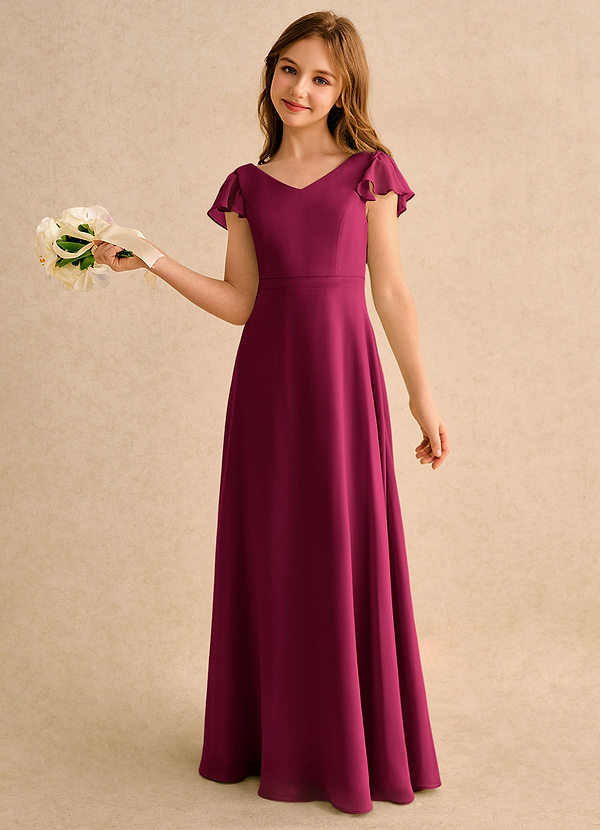 Azazie Nari Girls Formal Robes de cortège enfant Robe Trapèze en Mousseline de soie avec manches Bourgogne image1
