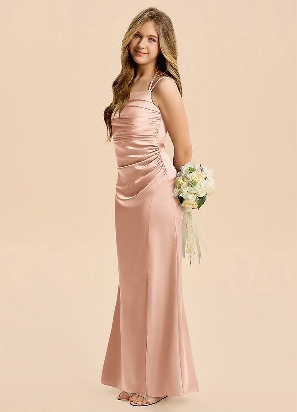 Azazie Nova Junior Rose Gold Sheath Pleated Stretch Satin Dress image1