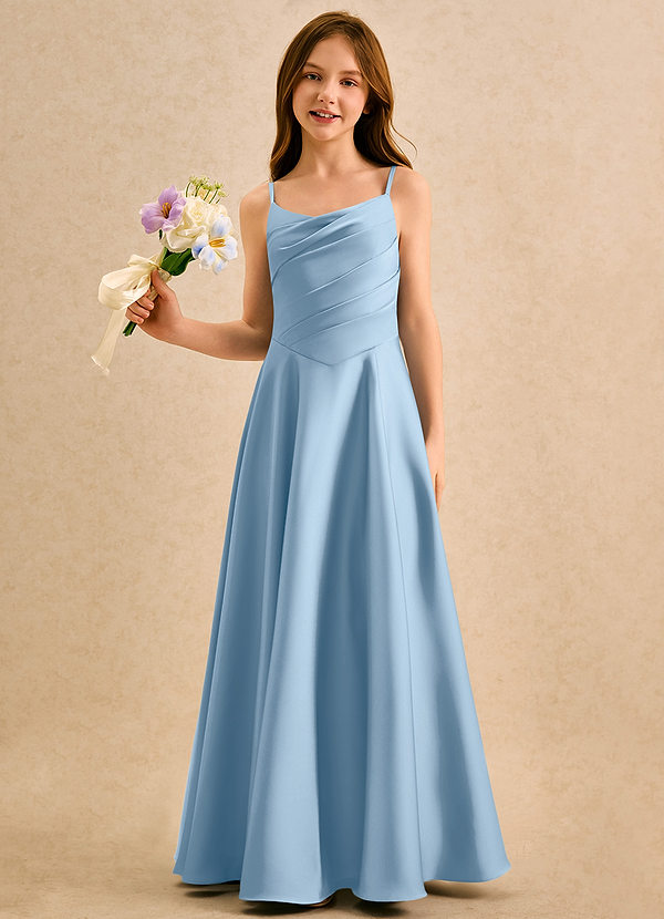 Azazie Coconut Girls Formal Flower Girl Dresses Powder Blue A-Line Pleated Stretch Satin Dress image1