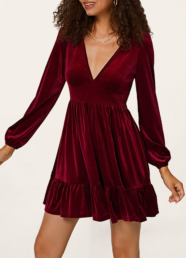 front Ila Burgundy Velvet Long Sleeve Mini Dress