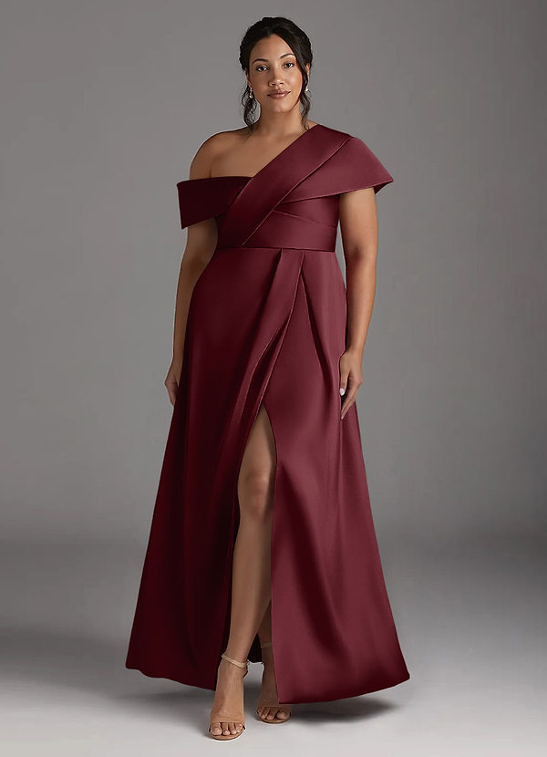 Azazie Milton Mother of the Brides Dresses Cabernet A-Line Pleated Stretch Satin Dress image1