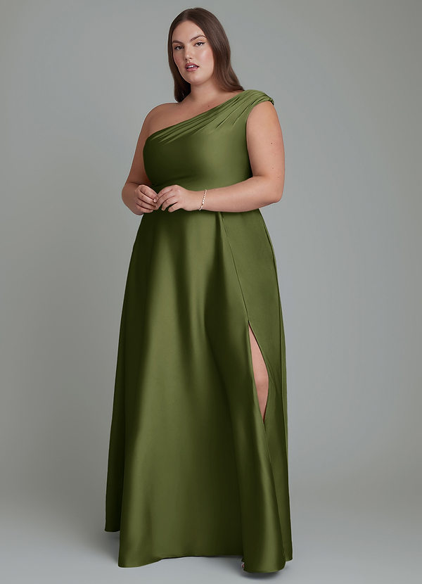 Azazie Melanie Vestidos de dama de honor Vestido Oliva de Satén Elástico de Línea A con Hombros descubiertos image1