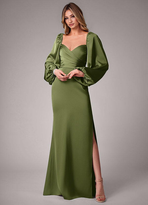 Azazie Sonata Bridesmaid Dresses Olive Sheath Long Sleeve Stretch Satin Convertible Dress image1