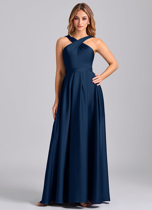Azazie Dixie Bridesmaid Dresses Dark Navy A-Line Pleated Stretch Satin Dress image1