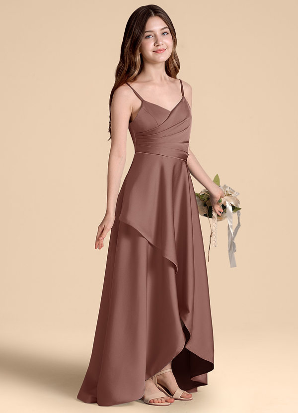 Azazie Prisha Junior A-Linie Plissee Stretch-Satin Kleid Espresso image1